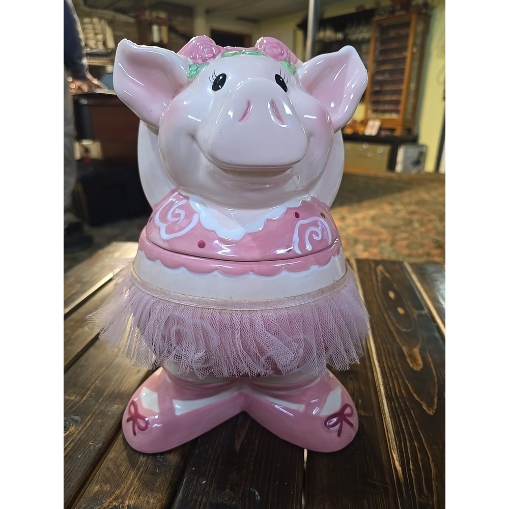 Vintage Ballerina Dancing Pink Pig with Tutu Ceramic Cookie Jar 11 " Tall